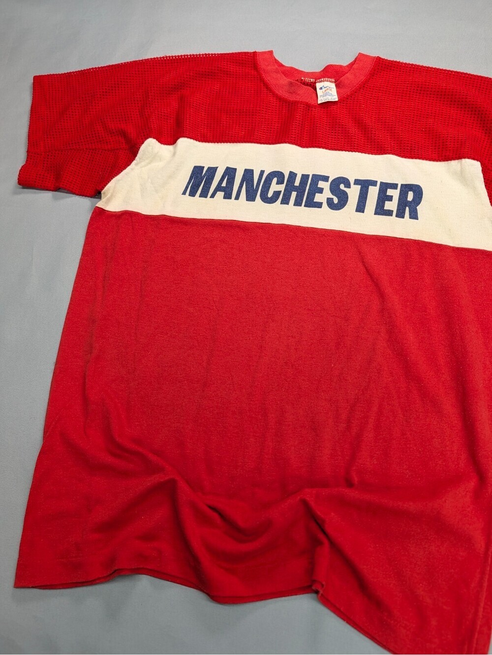 Manchester Champion Vintage 70s Blue Bar Mesh Shirt Large